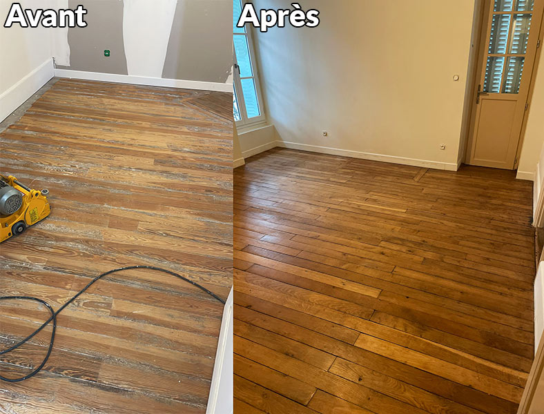 Photo avant/après de la restauration d'un parquet